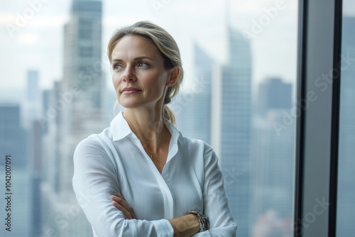Confident businesswoman in modern cityscape office with arms crossed Free Download Confident businesswoman in modern cityscape office with arms crossed - GFXLoad