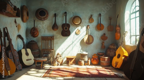 Wide shot of Greek instruments in sunlit room vibrant colors celebrating music photo