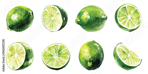 Set watercolor sliced fresh green lime sour citrus juicy lemons design resources elements isolated on transparent background