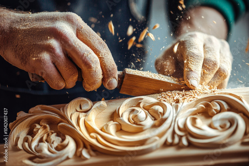 Detailed handcrafted wood carving artisan at work shaping intricate patterns with skilled precision photo