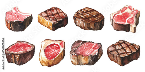 Set watercolor cow meat beef baked steak fillet grilled design resources elements isolated on transparent background