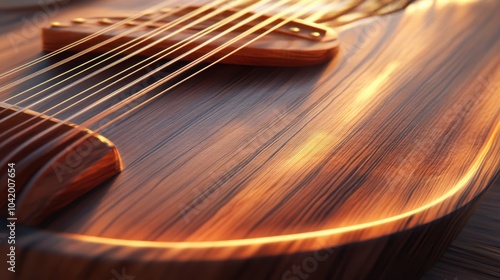 Close-up of a harp's soundboard soft light bringing out wood grain and smoothness photo