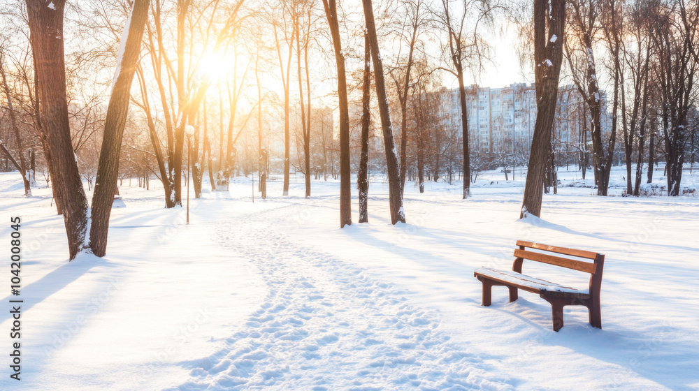 Serene winter park landscape with sunlight and snow-covered trees Serene winter park landscape with sunlight and snow-covered trees