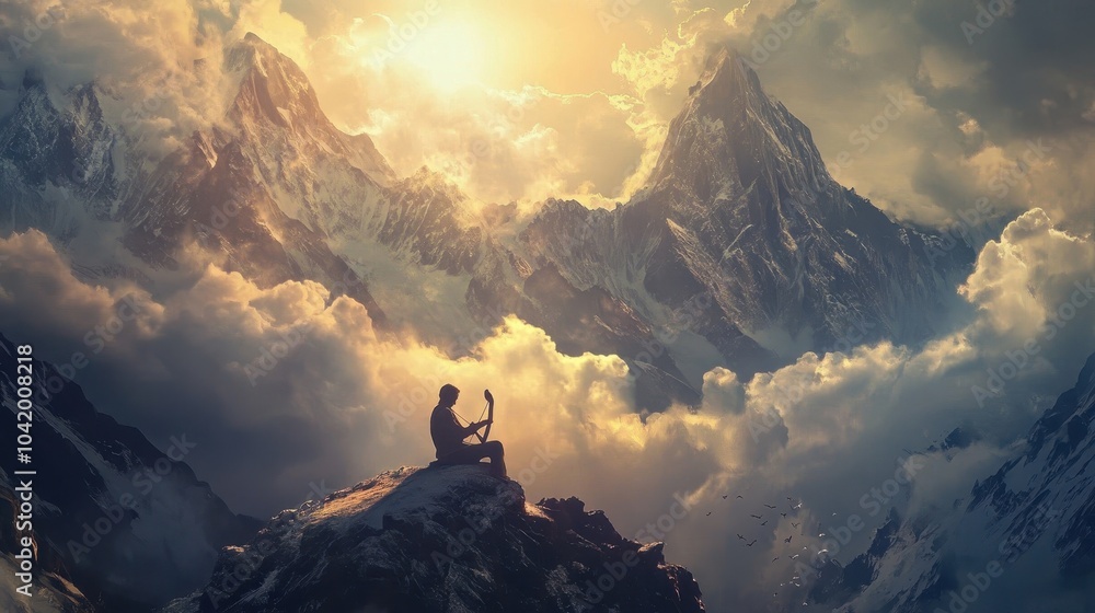Fototapeta premium Lyre played by lone musician in mountains sunlight casting a heavenly glow around
