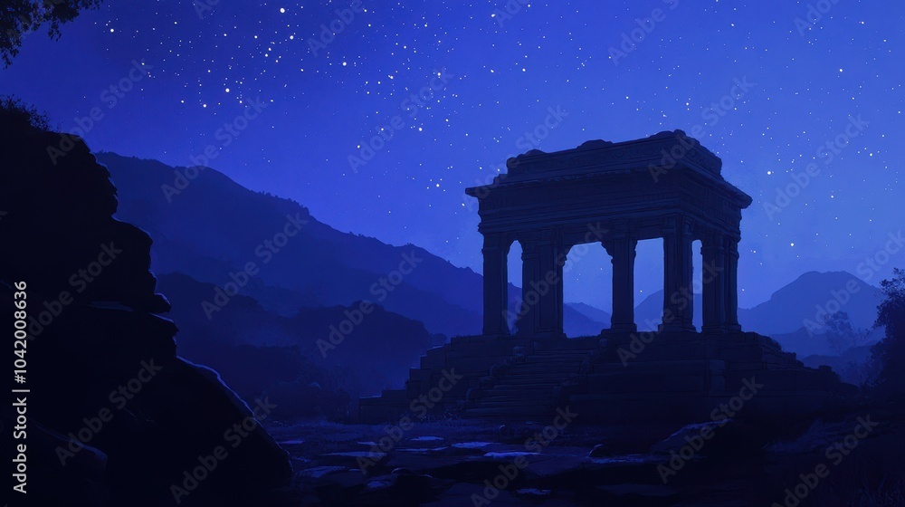 Temple ruins at twilight indigo sky filled with stars last rays of light creating serenity Temple ruins at twilight indigo sky filled with stars last rays of light creating serenity