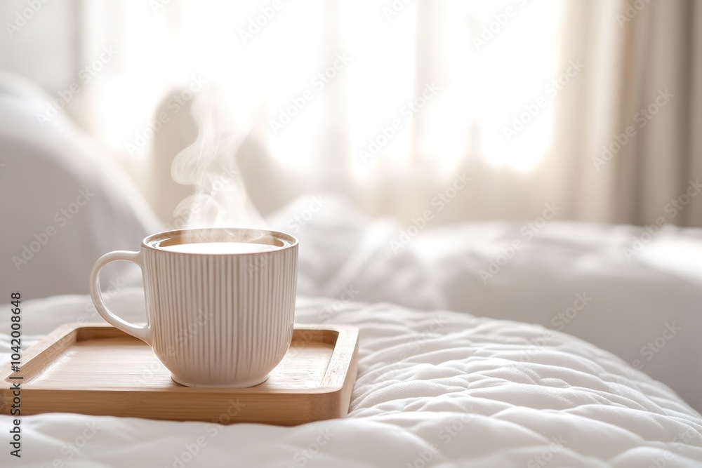 Cozy morning scene with hot cup on bed in soft light Cozy morning scene with hot cup on bed in soft light