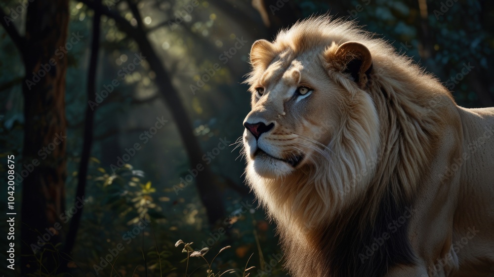 A male lion sits in a dense forest, bathed in warm sunlight. Its tawny fur is thick and lush, framing its powerful head and expressive eyes.