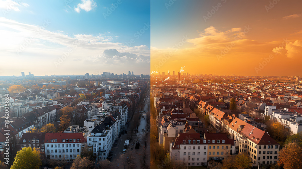 Obraz premium stunning cityscape showcasing clear divide between vibrant, clean environment and polluted, industrial area. contrast highlights impact of urbanization on nature and air quality