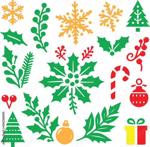 Christmas Icon Set with Festive Patterns, Winter Holiday Symbols,  Snowflakes, leaves, Christmas candy and Christmas Decorations