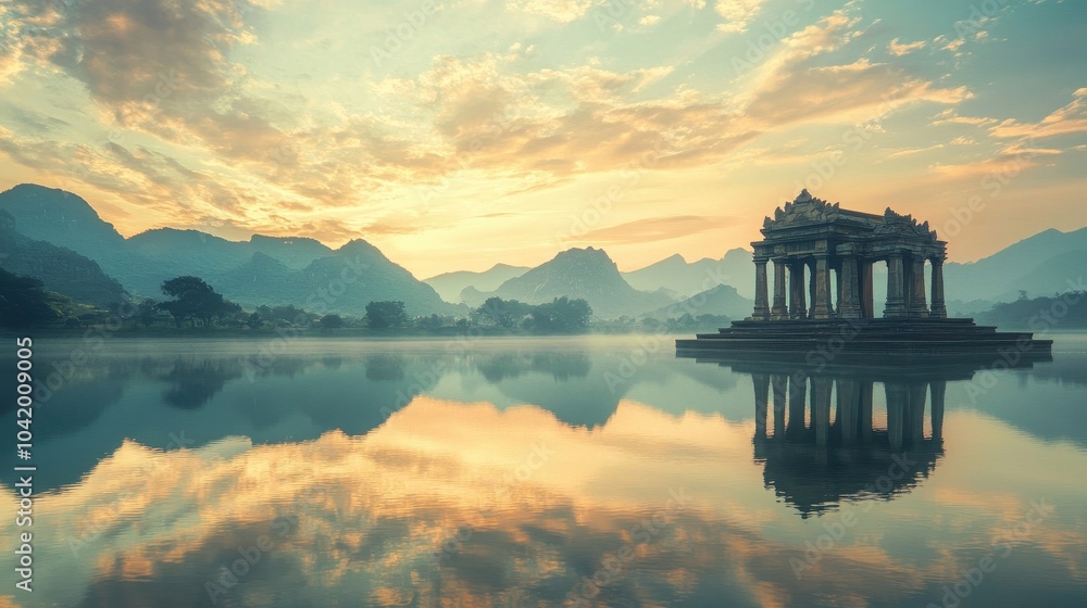 Fototapeta premium Tranquil lake reflecting temple ruins pastel skies at sunrise adding to dreamlike beauty