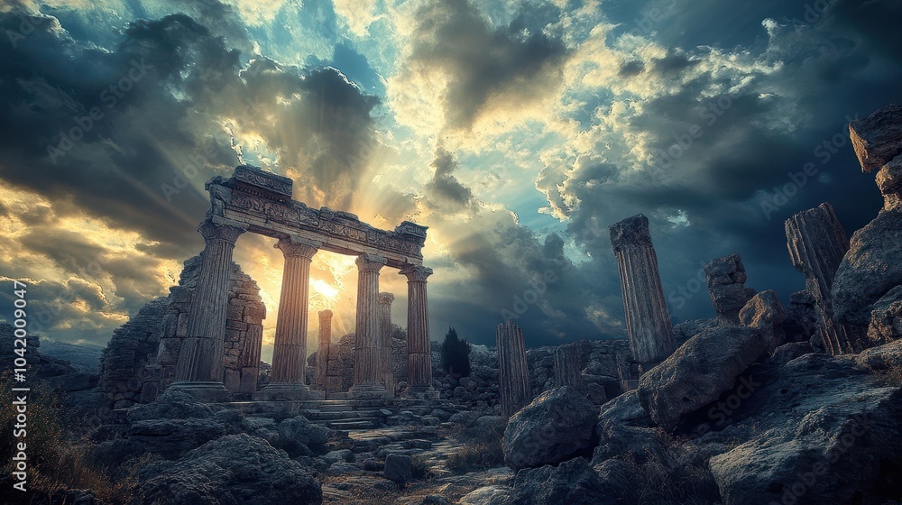 Fototapeta premium Ancient temple framed by rocks dark clouds overhead rays of sunlight creating striking contrast