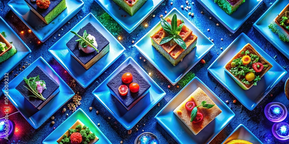 Fototapeta premium Sapphire Blue Squares Illuminated by Neon Lights - Innovative Food Photography