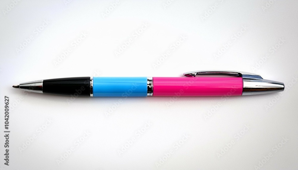 vibrant multicolor pen with blue pink and black sections on white background vibrant multicolor pen with blue pink and black sections on white background