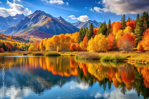 Colorful autumn landscape with lake and mountains