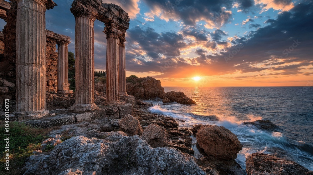 Obraz premium Ruins with crumbling columns at sunset deep shadows and vivid colors lighting the scene