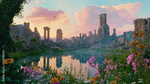 Wallpaper Mural Ancient ruins reflected in still lagoon framed by greenery and wildflowers at dawn Torontodigital.ca