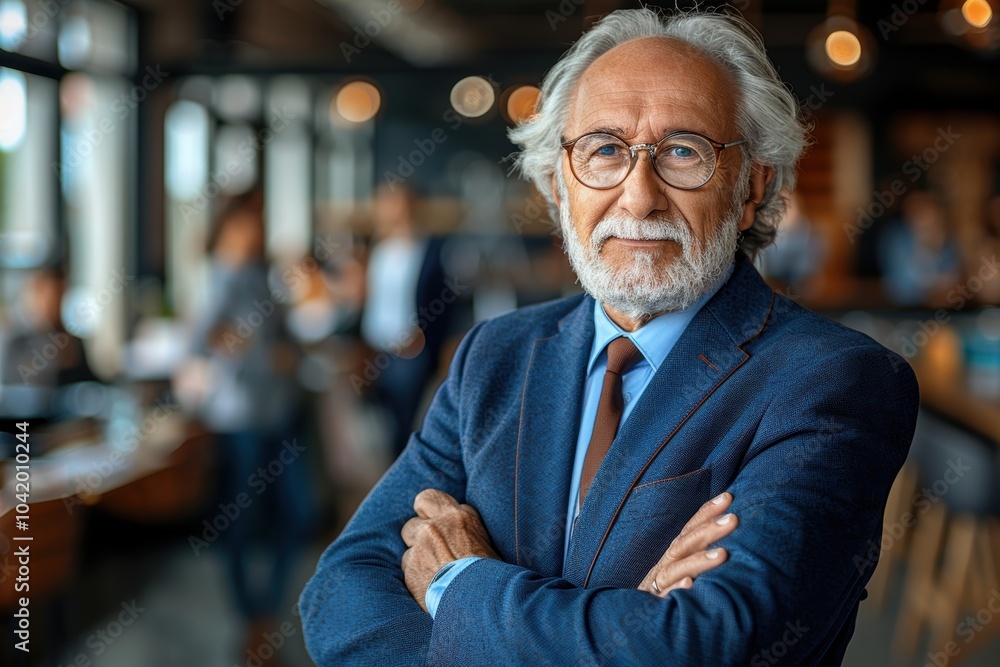 A distinguished senior businessman with white hair and glasses stands confidently with arms crossed in a modern office setting, exuding leadership and authority A distinguished senior businessman with white hair and glasses stands confidently with arms crossed in a modern office setting, exuding leadership and authority