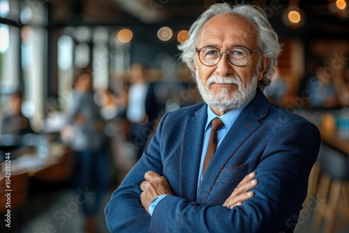 A distinguished senior businessman with white hair and glasses stands confidently with arms crossed in a modern office setting, exuding leadership and authority