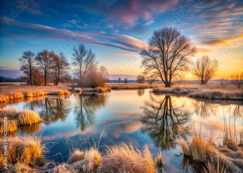 Scenic Early Spring Landscape with Rustic Pond and Overwintered Grass Stalks