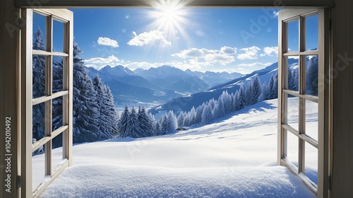beautiful winter view from a window on a sunny day in the mountains