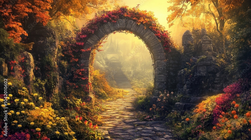 Overgrown archway with colorful flowers path leading to a temple glowing in golden sunlight Overgrown archway with colorful flowers path leading to a temple glowing in golden sunlight