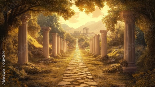 Majestic pathway with broken columns leading to a temple on a hill bathed in sunlight