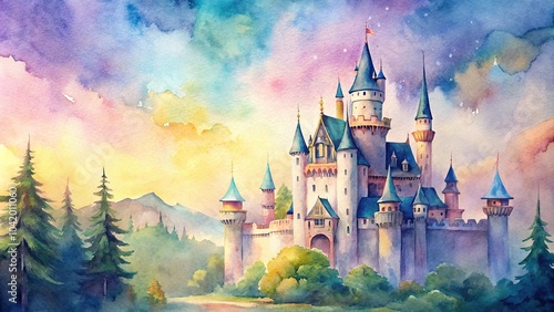 watercolor painting of castle in pastel colors