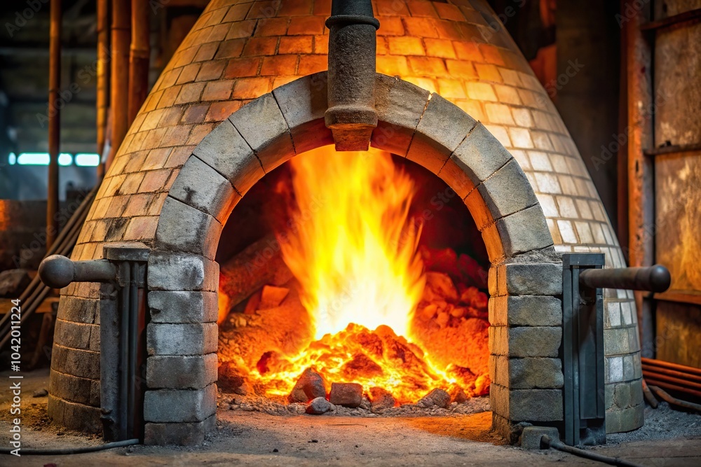 Depth of field photo of a cement clinker kiln with a coal burning nozzle supplying flame to the furnace Depth of field photo of a cement clinker kiln with a coal burning nozzle supplying flame to the furnace