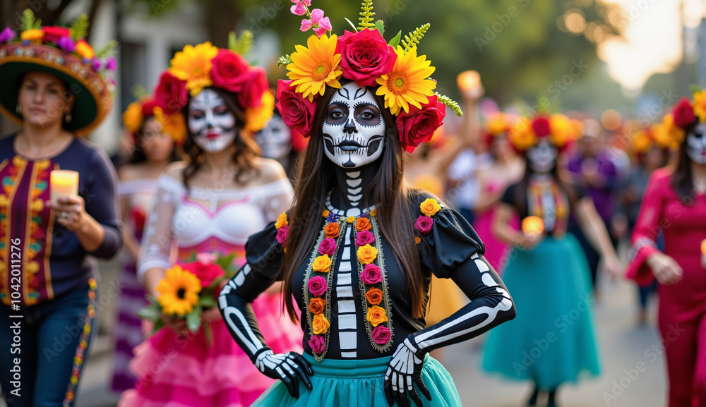 Fototapeta premium Day of the dead parade with woman in traditional skeleton makeup