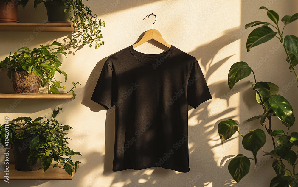 Men's Black T-shirt Mockup Template Hanging Wooden Hanger Indoors Against Wall With Tropical Plant With Shadows, Generative AI Men's Black T-shirt Mockup Template Hanging Wooden Hanger Indoors Against Wall With Tropical Plant With Shadows, Generative AI