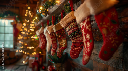 A row of Christmas stockings hanging from a rustic wooden mantel, each filled with holiday surprises.