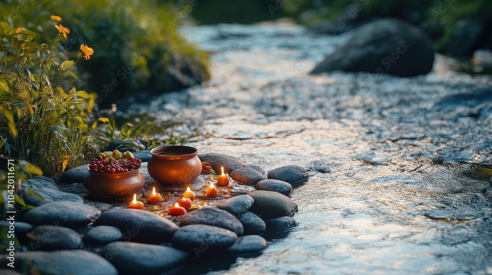 A peaceful riverside altar with offerings of fruit a small pot and dawn light A peaceful riverside altar with offerings of fruit a small pot and dawn light