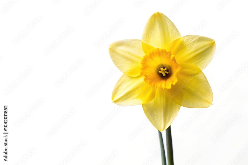 Fototapeta premium Reflected daffodil flower on white background with space for text