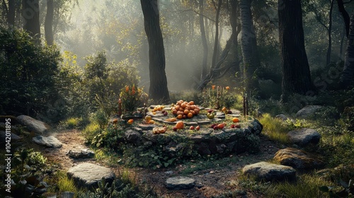 Mystical forest altar with stones and offerings of fruits bathed in soft morning light