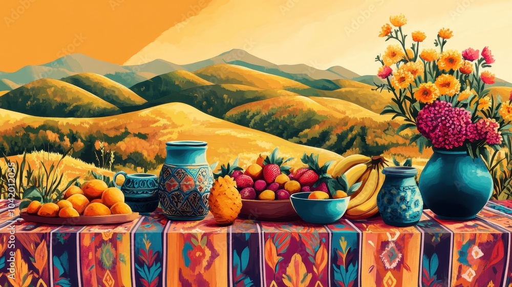 Vibrant altar in rolling hills with fruits and pottery glowing in the morning sun Vibrant altar in rolling hills with fruits and pottery glowing in the morning sun
