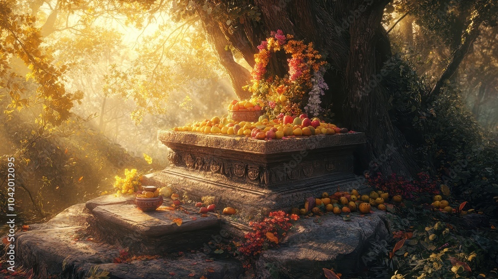 An altar in ancient woods with colorful fruits and flowers glowing in golden sunlight An altar in ancient woods with colorful fruits and flowers glowing in golden sunlight