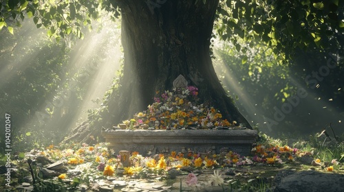 A mystical stone altar at the tree base covered in flowers with light streaming through photo