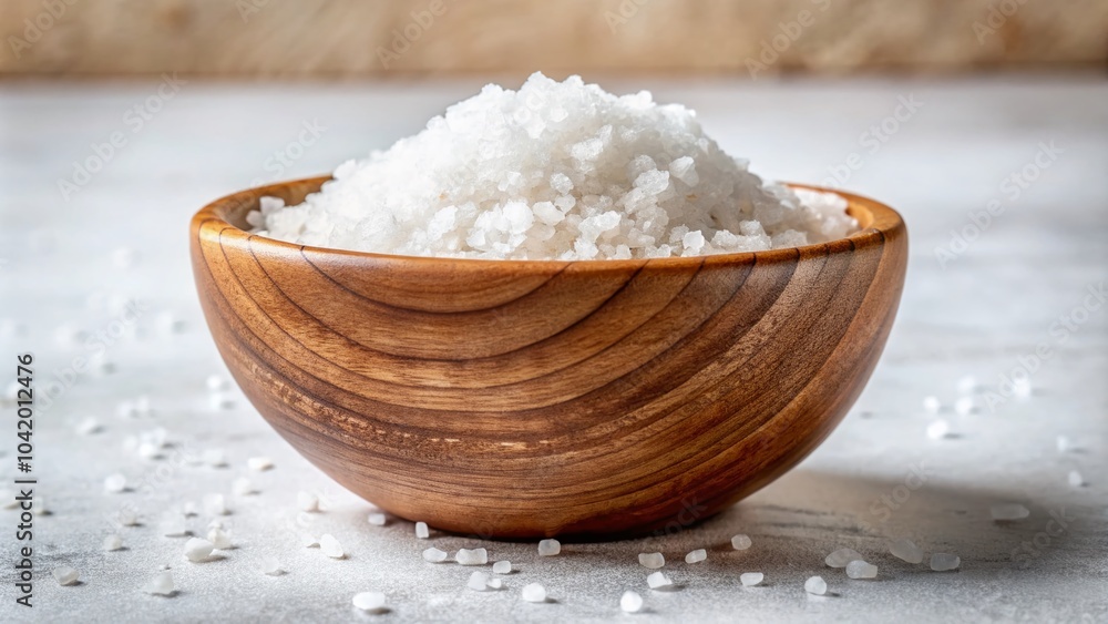 Sea Salt in Wooden Bowl - Natural Seasoning Isolated on White Background for Culinary Uses Sea Salt in Wooden Bowl - Natural Seasoning Isolated on White Background for Culinary Uses