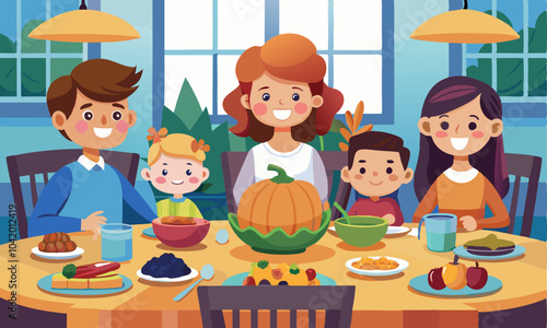 Download A Digital Cartoon  Depicting A Family Of Four Children Enjoying A Thanksgiving Dinner Together. Vector Illustration Eps File For Design.