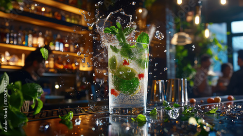 Close-up of bartender dynamically making, shaking fresh mojito cocktail in a stainless steel cocktail shaker, pouring into a glass with lime slices, mint leaves at a bar, dynamic splashing moment photo