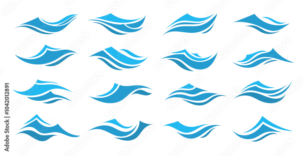 Set blue illustration on white background. Vector pattern. Art line ornament. Water Wave Logo abstract design Set blue illustration on white background. Vector pattern. Art line ornament. Water Wave Logo abstract design