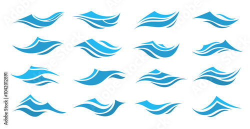 Set blue illustration on white background. Vector pattern. Art line ornament. Water Wave Logo abstract design