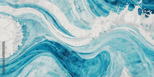 Beautiful soft blue sea water, ocean wave background. Soft blue and white hand printed creative marble texture ocean background.

