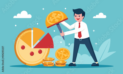 Download Money Management, Financial Planning  Inflation Concept, Businessman Using Pizza Cutter To Split Golden Dollar Money Coin Vector Eps File For Design.