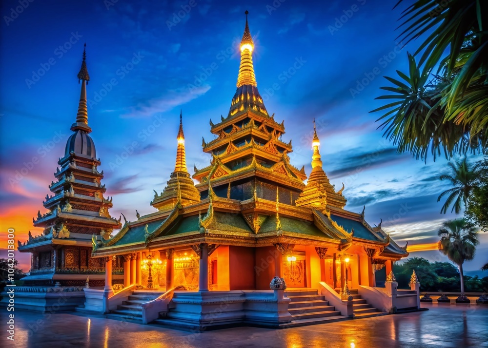 Fototapeta premium Serene Buddha Pagoda Temple Under a Deep Blue Sky - Tranquil Low Light Photography