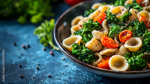 Nutritious and Appetizing Orecchiette Pasta Topped with Broccoli Rabe and a Light Tomato Sauce for a Fresh Taste