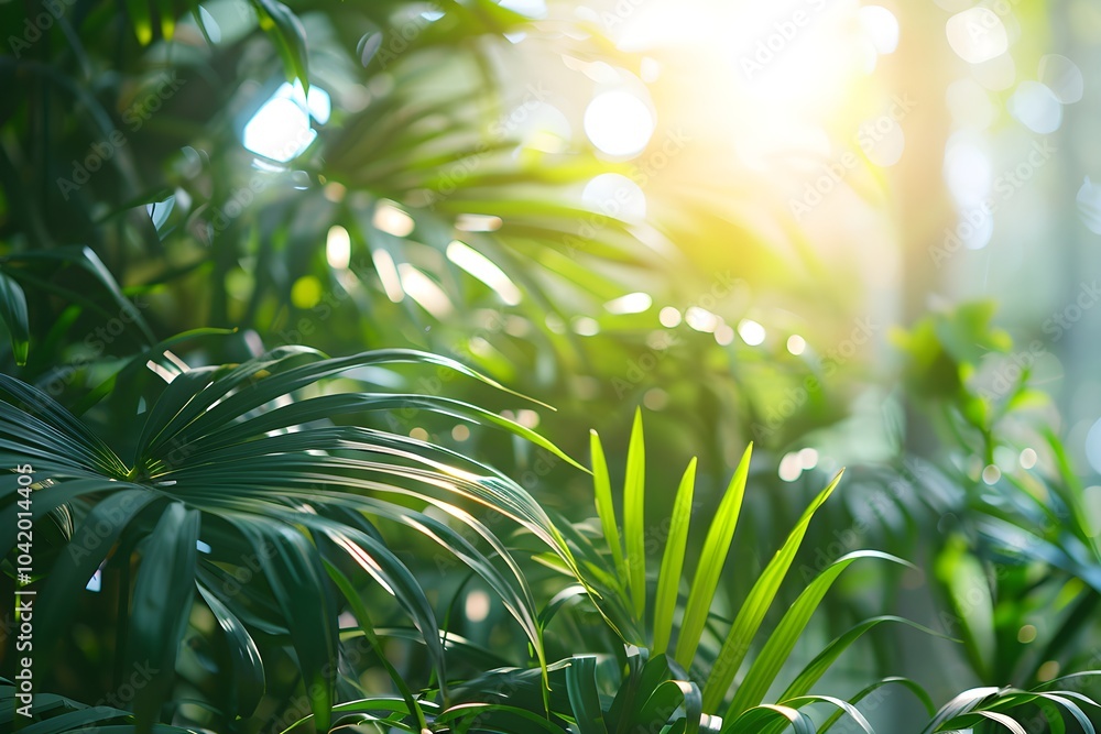 The sun shines through the leaves of a palm tree The sun shines through the leaves of a palm tree