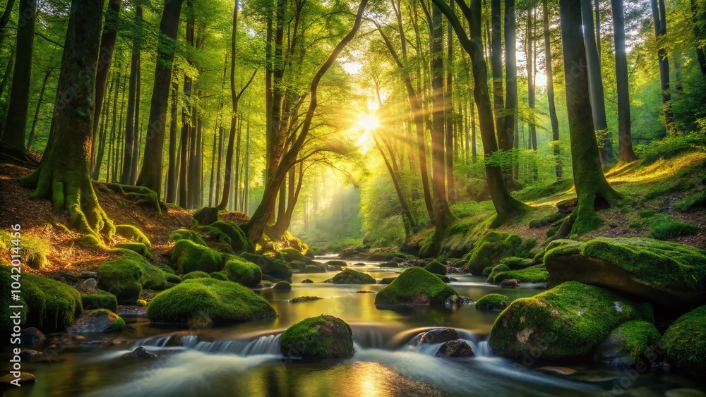 Fototapeta premium Serene Forest Scene with Golden Sunlight and Gentle Stream for Nature Lovers and Relaxation