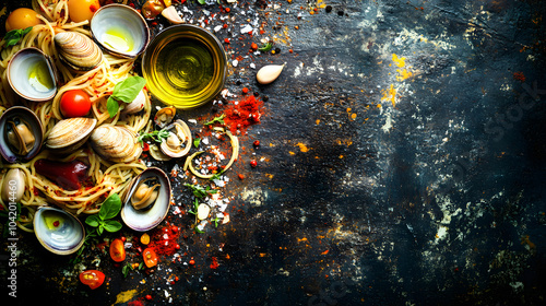 An Artistic Visual of Linguine alle Vongole with Vibrant Italian Ingredients on a Rustic Table photo