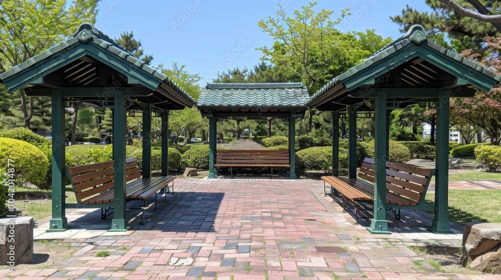 A tranquil park setting featuring a beautifully crafted architectural pavilion surrounded by lush greenery and comfortable wooden benches A tranquil park setting featuring a beautifully crafted architectural pavilion surrounded by lush greenery and comfortable wooden benches